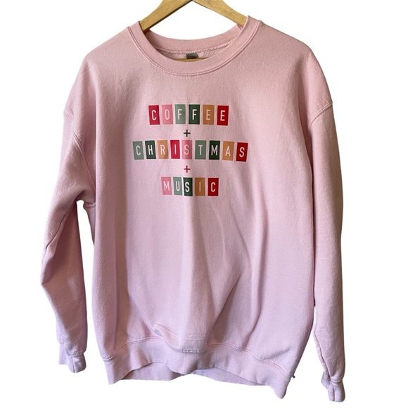 CHRISTMAS PINK SWEATSHIRT Coffee + Christmas + Music Graphic - Picture 1 of 7